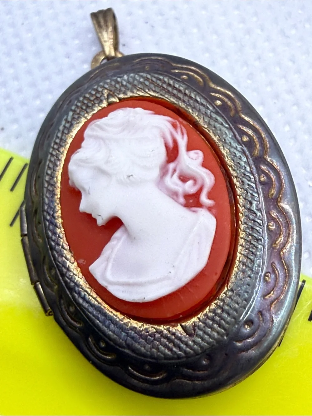 Vintage Classic White Cameo Coral lucite distressed Locket Pendant charm
